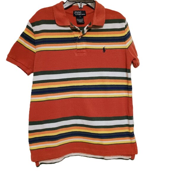 VGUC: Boys' Polo by Ralph Lauren sz 7 Orange, Striped Polo Shirt Multicolor - Picture 1 of 3